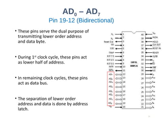 AD0 – AD7
Pin 19-12 (Bidirectional)
• These pins serve the dual purpose of
transmitting lower order address
and data byte.
• During 1st
clock cycle, these pins act
as lower half of address.
• In remaining clock cycles, these pins
act as data bus.
• The separation of lower order
address and data is done by address
latch.
11
 