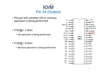 IO/M
Pin 34 (Output)
• This pin tells whether I/O or memory
operation is being performed.
• If IO/M = 1 then
• I/O operation is being performed.
• If IO/M = 0 then
• Memory operation is being performed.
14
 