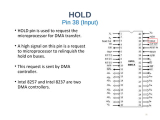 HOLD
Pin 38 (Input)
• HOLD pin is used to request the
microprocessor for DMA transfer.
• A high signal on this pin is a request
to microprocessor to relinquish the
hold on buses.
• This request is sent by DMA
controller.
• Intel 8257 and Intel 8237 are two
DMA controllers.
20
 
