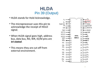 HLDA
Pin 39 (Output)
• HLDA stands for Hold Acknowledge.
• The microprocessor uses this pin to
acknowledge the receipt of HOLD
signal.
• When HLDA signal goes high, address
bus, data bus, RD, WR, IO/M pins are
tri-stated.
• This means they are cut-off from
external environment.
21
 