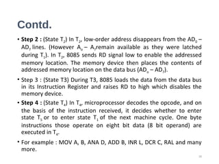 Contd.
• Step 2 : (State T2) In T2, low-order address disappears from the AD0 –
AD7 lines. (However Ao – A7remain available as they were latched
during T1). In T2, 8085 sends RD signal low to enable the addressed
memory location. The memory device then places the contents of
addressed memory location on the data bus (ADo – AD7).
• Step 3 : (State T3) During T3, 8085 loads the data from the data bus
in its Instruction Register and raises RD to high which disables the
memory device.
• Step 4 : (State T4) In T4, microprocessor decodes the opcode, and on
the basis of the instruction received, it decides whether to enter
state T5 or to enter state T1 of the next machine cycle. One byte
instructions those operate on eight bit data (8 bit operand) are
executed in T4.
• For example : MOV A, B, ANA D, ADD B, INR L, DCR C, RAL and many
more.
35
 