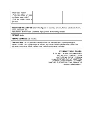 utilizar para medir?
¿Podemos utilizar un lazo
o un listón para medir?
¿Qué se puede medir y
que no?
RECURSOS DIDÁCTICOS: Diferentes figuras en cuanto a tamaño, formas y texturas (foami,
cartón, cascarón, etc.)
Instrumentos de medición: Estambre, regla, palitos de madera y lápices.
ESPACIO: Aula.
TIEMPO ESTIMADO: 20 minutos
EVALUACIÓN: Los niños harán una reflexión sobre las medidas convencionales y no
convencionales, para qué y cómo se utilizan, así mismo deberán destacar las diferencias
que se encuentran al utilizar cada uno de los instrumentos de medición.
INTEGRANTES DEL EQUIPO:
AGUILAR CORTINA DIANA KRISTELL
NOLASCO ISLAS MARÍA DIANA
ROSAS RIVAS KARLA ANGÉLICA
VÁZQUEZ FLORES MARÍA FERNANDA
SÁNCHEZ TLAQUIZ ZULEYMA SAMANTHA
YAZMIN AMARO PÉREZ.
 