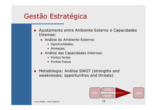 15
Gestão Estratégica
Ajustamento entre Ambiente Externo e Capacidades
Internas:
Análise do Ambiente Externo:
• Oportunidades;
• Ameaças;
Análise das Capacidades Internas:
• Pontos fortes
• Pontos fracos
Metodologia: Análise SWOT (strengths and
weaknesses; opportunities and threats)
Missão e
Objectivos
Mercado
(envolvente)
Capacidades
internas
Ajustamento
Vantagem
Competitiva
© Rui Padrão - FEUP 2009/10
 