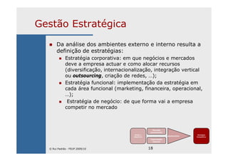 18
Gestão Estratégica
Da análise dos ambientes externo e interno resulta a
definição de estratégias:
Estratégia corporativa: em que negócios e mercados
deve a empresa actuar e como alocar recursos
(diversificação, internacionalização, integração vertical
ou outsourcing, criação de redes, …);
Estratégia funcional: implementação da estratégia em
cada área funcional (marketing, financeira, operacional,
…);
Estratégia de negócio: de que forma vai a empresa
competir no mercado
Missão e
Objectivos
Mercado
(envolvente)
Capacidades
internas
Ajustamento
Vantagem
Competitiva
© Rui Padrão - FEUP 2009/10
 