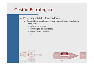 23
Gestão Estratégica
Poder negocial dos fornecedores:
Capacidade dos fornecedores para forçar condições
negociais:
• subida de preços;
• diminuição de qualidade;
• quantidades mínimas;
• …
Missão e
Objectivos
Mercado
(envolvente)
Capacidades
internas
Ajustamento
Vantagem
Competitiva
Entradas potenciais
Ameaça de entrada
de novas empresas
Fornecedores Concorrentes na Clientes
Poder de negociação Indústria Poder de negociação
Ameaça de substituição
de produtos ou serviços
Substitutos
© Rui Padrão - FEUP 2009/10
 