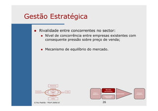 26
Gestão Estratégica
Rivalidade entre concorrentes no sector:
Nível de concorrência entre empresas existentes com
consequente pressão sobre preço de venda;
Mecanismo de equilíbrio do mercado.
Missão e
Objectivos
Mercado
(envolvente)
Capacidades
internas
Ajustamento
Vantagem
Competitiva
Entradas potenciais
Ameaça de entrada
de novas empresas
Fornecedores Concorrentes na Clientes
Poder de negociação Indústria Poder de negociação
Ameaça de substituição
de produtos ou serviços
Substitutos
© Rui Padrão - FEUP 2009/10
 