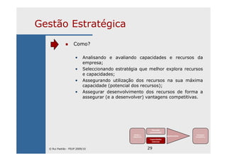 29
Gestão Estratégica
Como?
• Analisando e avaliando capacidades e recursos da
empresa;
• Seleccionando estratégia que melhor explora recursos
e capacidades;
• Assegurando utilização dos recursos na sua máxima
capacidade (potencial dos recursos);
• Assegurar desenvolvimento dos recursos de forma a
assegurar (e a desenvolver) vantagens competitivas.
Missão e
Objectivos
Mercado
(envolvente)
Capacidades
internas
Ajustamento
Vantagem
Competitiva
© Rui Padrão - FEUP 2009/10
 