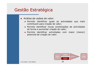 39
Gestão Estratégica
Análise da cadeia de valor:
Permite identificar quais as actividades que mais
contribuem para criação de valor;
Permite identificar novas combinações de actividades
de forma a aumentar criação de valor;
Permite identificar actividades com maior (menor)
potencial de criação de valor.
Missão e
Objectivos
Mercado
(envolvente)
Capacidades
internas
Ajustamento
Vantagem
Competitiva
© Rui Padrão - FEUP 2009/10
 