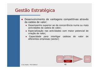 40
Gestão Estratégica
Desenvolvimento de vantagens competitivas através
da cadeia de valor:
Desempenho superior ao da concorrência numa ou mais
actividades da cadeia de valor;
Especialização nas actividades com maior potencial de
criação de valor;
Capacidade para interligar cadeias de valor de
diferentes empresas (sector)
Missão e
Objectivos
Mercado
(envolvente)
Capacidades
internas
Ajustamento
Vantagem
Competitiva
© Rui Padrão - FEUP 2009/10
 