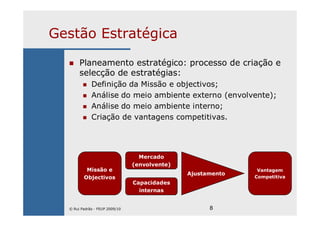 8
Gestão Estratégica
Planeamento estratégico: processo de criação e
selecção de estratégias:
Definição da Missão e objectivos;
Análise do meio ambiente externo (envolvente);
Análise do meio ambiente interno;
Criação de vantagens competitivas.
Missão e
Objectivos
Mercado
(envolvente)
Capacidades
internas
Ajustamento
Vantagem
Competitiva
© Rui Padrão - FEUP 2009/10
 