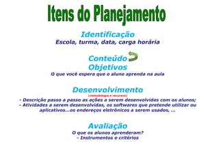 Identificação
Escola, turma, data, carga horária
Conteúdo
Objetivos
O que você espera que o aluno aprenda na aula
Desenvolvimento
(metodologia e recursos)
- Descrição passo a passo as ações a serem desenvolvidas com os alunos;
- Atividades a serem desenvolvidas, os softwares que pretende utilizar ou
aplicativos...os endereços eletrônicos a serem usados, ...
Avaliação
O que os alunos aprenderam?
- Instrumentos e critérios
 