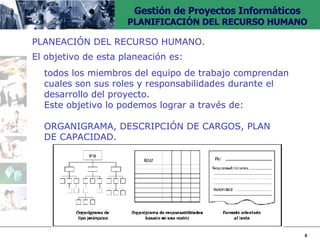 PLANEACIÓN DEL RECURSO HUMANO. El objetivo de esta planeación es: todos los miembros del equipo de trabajo comprendan cuales son sus roles y responsabilidades durante el desarrollo del proyecto. Este objetivo lo podemos lograr a través de: ORGANIGRAMA, DESCRIPCIÓN DE CARGOS, PLAN  DE CAPACIDAD. 