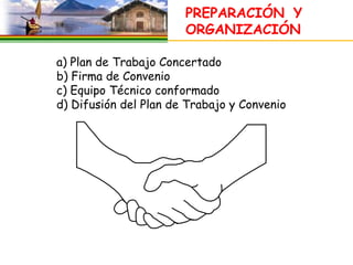 PREPARACIÓN Y
                       ORGANIZACIÓN

a) Plan de Trabajo Concertado
b) Firma de Convenio
c) Equipo Técnico conformado
d) Difusión del Plan de Trabajo y Convenio
 