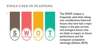 TOOLS USED IN PLANNING
1. The SWOT analysis is
frequently used when taking
into consideration historical
factors that have had a major
impact in the past, current
and emergent factors that
are likely to impact on future
performance, and the
company’s competitive
advantage (Gibson, 2019).
 