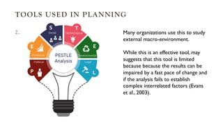 TOOLS USED IN PLANNING
2.. Many organizations use this to study
external macro-environment.
While this is an effective tool, may
suggests that this tool is limited
because because the results can be
impaired by a fast pace of change and
if the analysis fails to establish
complex interrelated factors (Evans
et al., 2003).
 