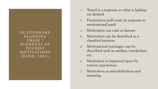 IN ITINERARY
PLANNING
THESE 7
ELEMENT S OF
TOURIST
MOTIVATIONS
(DANN, 1981):
1. Travel is a response to what is lacking
yet desired
2. Destination pull exists in response to
motivational push
3. Motivation can exist as fantasy
4. Motivation can be described as a
classified purpose
5. Motivational typologies can be
described such as sunlust, wanderlust,
etc.
6. Motivation is impacted upon by
tourist experiences
7. Motivation as auto-definition and
meaning
 