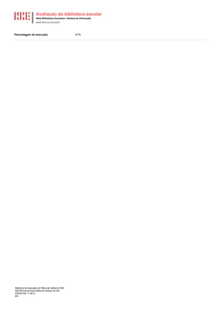 Avaliação da biblioteca escolar
Rede Bibliotecas Escolares | Sistema de Informação
MINISTÉRIO DA EDUCAÇÃO
Relatório de execução do Plano de melhoria 2020
400749 Escola Secundária de Alcácer do Sal
2020/07/20 11:48:51
8/8
Percentagem de execução 91%
 