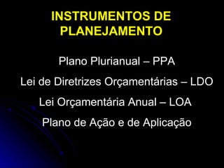 INSTRUMENTOS DE
PLANEJAMENTO
Plano Plurianual – PPA
Lei de Diretrizes Orçamentárias – LDO
Lei Orçamentária Anual – LOA
Plano de Ação e de Aplicação

 