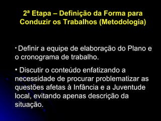 2ª Etapa – Definição da Forma para
Conduzir os Trabalhos (Metodologia)

• Definir

a equipe de elaboração do Plano e
o cronograma de trabalho.
• Discutir o conteúdo enfatizando a
necessidade de procurar problematizar as
questões afetas à Infância e a Juventude
local, evitando apenas descrição da
situação.

 