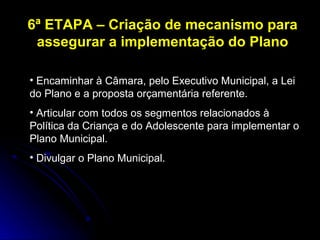 6ª ETAPA – Criação de mecanismo para
assegurar a implementação do Plano
• Encaminhar à Câmara, pelo Executivo Municipal, a Lei
do Plano e a proposta orçamentária referente.
• Articular com todos os segmentos relacionados à
Política da Criança e do Adolescente para implementar o
Plano Municipal.
• Divulgar o Plano Municipal.

 