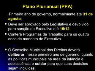 Plano Plurianual (PPA)
Primeiro ano de governo, normalmente até 31 de
agosto;
 Deve ser aprovado pelo Legislativo e devolvido
para sanção do Executivo até 15/12.
 Conterá Programas de Trabalho para os quatro
anos de mandato de Executivo.
O

Conselho Municipal dos Direitos deverá
deliberar, nesse primeiro ano de governo, quanto
às políticas municipais na área da infância e
adolescência e cuidar para que suas decisões
sejam incluídas.

 