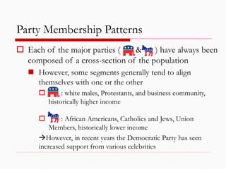 Party Membership Patterns
 Each of the major parties ( & ) have always been
composed of a cross-section of the population...