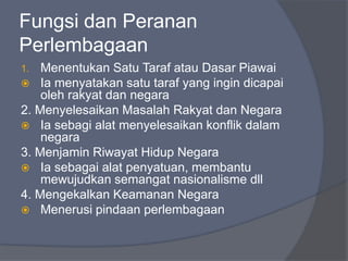 Fungsi dan Peranan
Perlembagaan
1.  Menentukan Satu Taraf atau Dasar Piawai
 Ia menyatakan satu taraf yang ingin dicapai
    oleh rakyat dan negara
2. Menyelesaikan Masalah Rakyat dan Negara
 Ia sebagi alat menyelesaikan konflik dalam
    negara
3. Menjamin Riwayat Hidup Negara
 Ia sebagai alat penyatuan, membantu
    mewujudkan semangat nasionalisme dll
4. Mengekalkan Keamanan Negara
 Menerusi pindaan perlembagaan
 