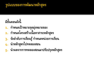 มีขนตอนดังนี้
   ้ั
1. กาหนดเป้ าหมายจุดมุ่งหมายของ
2. กาหนดโครงสร้างเนื้ อหาสาระหลักสูตร
3. จัดลาดับการเรียนรู ้ กาหนดหน่ วยการเรียน
4. นาหลักสูตรไปทดลองสอน
5. นาผลจากการทดลองสอนมาปรับปรุงหลักสูตร
 