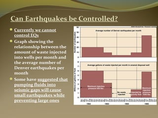 Can Earthquakes be Controlled?
Currently we cannot
control EQs
Graph showing the
relationship between the
amount of waste injected
into wells per month and
the average number of
Denver earthquakes per
month
Some have suggested that
pumping fluids into
seismic gaps will cause
small earthquakes while
preventing large ones
 