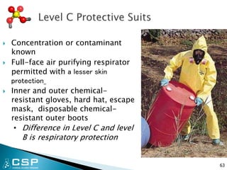  Concentration or contaminant
known
 Full-face air purifying respirator
permitted with a lesser skin
protection
 Inner and outer chemical-
resistant gloves, hard hat, escape
mask, disposable chemical-
resistant outer boots
• Difference in Level C and level
B is respiratory protection
63
 
