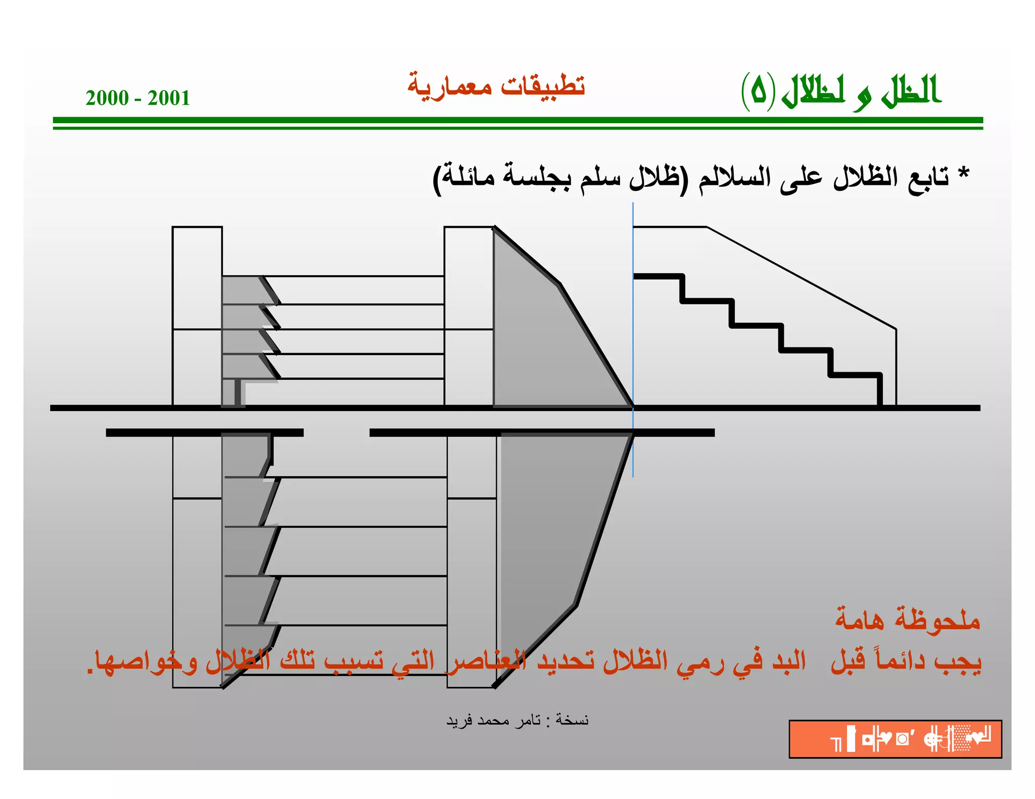 ‫1002 - 0002‬                ‫ﺗطﺑﯾﻘﺎت ﻣﻌﻣﺎرﯾﺔ‬             ‫لﻼﻈﻟ و ﻞﻈﻟا)٥(‬
                             ‫* ﺗﺎﺑﻊ اﻟظﻼل ﻋﻠﻰ اﻟﺳﻼﻟم )ظﻼل ﺳﻠم ﺑﺟﻠﺳﺔ ﻣﺎﺋﻠﺔ(‬




                                                             ‫ﻣﻠﺣوظﺔ ھﺎﻣﺔ‬
‫ﯾﺟب داﺋﻣﺎ ً ﻗﺑل اﻟﺑد ﻓﻲ رﻣﻲ اﻟظﻼل ﺗﺣدﯾد اﻟﻌﻧﺎﺻر اﻟﺗﻲ ﺗﺳﺑب ﺗﻠك اﻟظﻼل وﺧواﺻﮭﺎ.‬
                                                        ‫•‬
                              ‫ﺔﺧﺳﻧ : ﺗﺎﻣر ﻣﺣﻣد ﻓرﯾد‬
                                                               ‫▒║ ☻ ′◙ ◘ ╖‬
                                                                ‫♥╠ ′▐‬ ‫╝♥▪ ♂╠‬
 