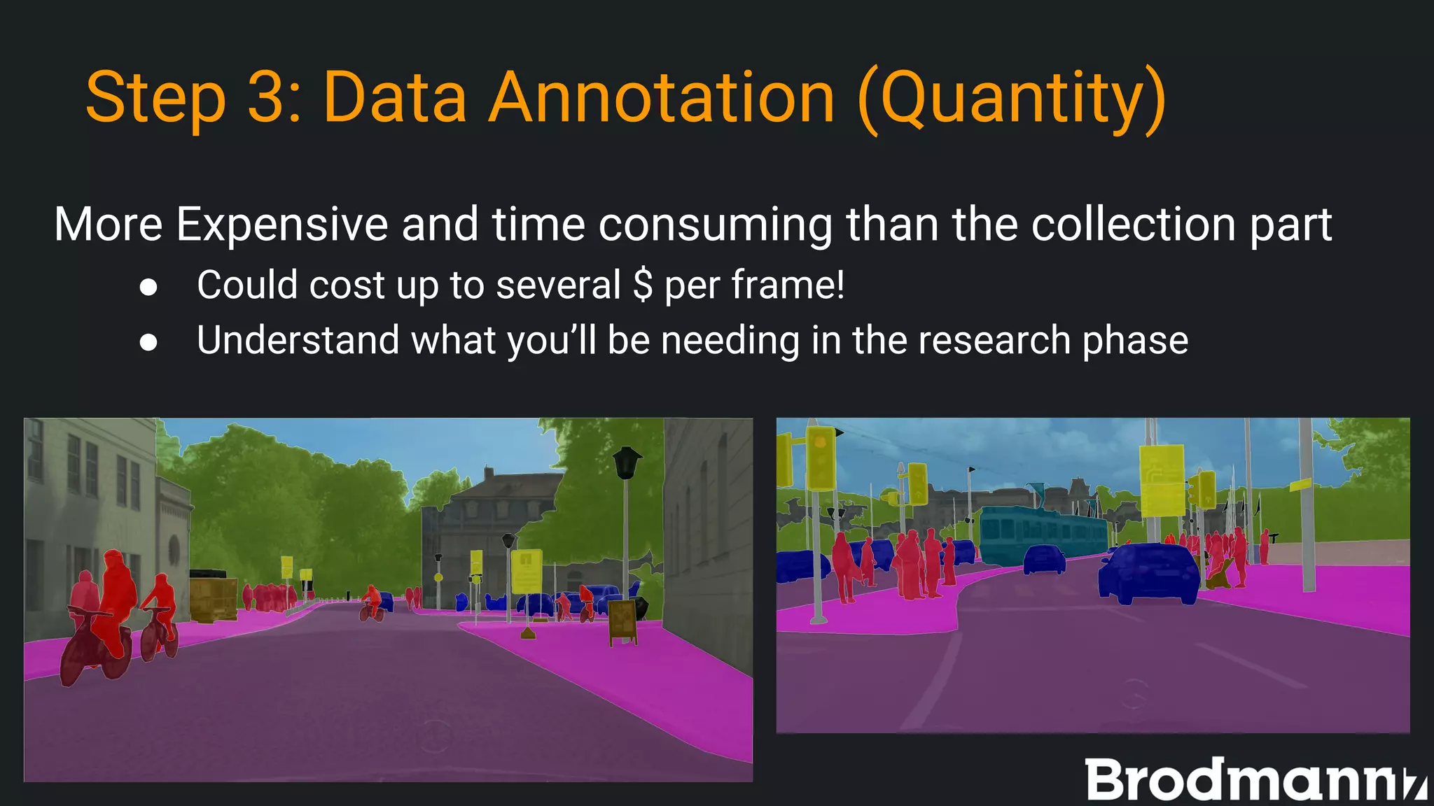 Step 3: Data Annotation (Quantity)
More Expensive and time consuming than the collection part
● Could cost up to several $ per frame!
● Understand what you’ll be needing in the research phase
 