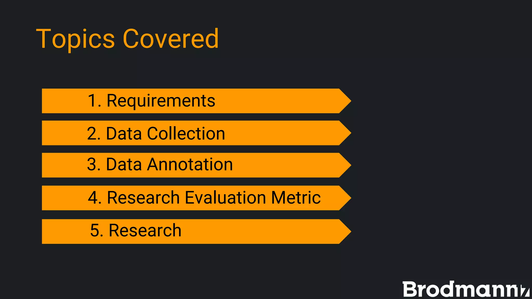 Topics Covered
1. Requirements
3. Data Annotation
4. Research Evaluation Metric
5. Research
2. Data Collection
 