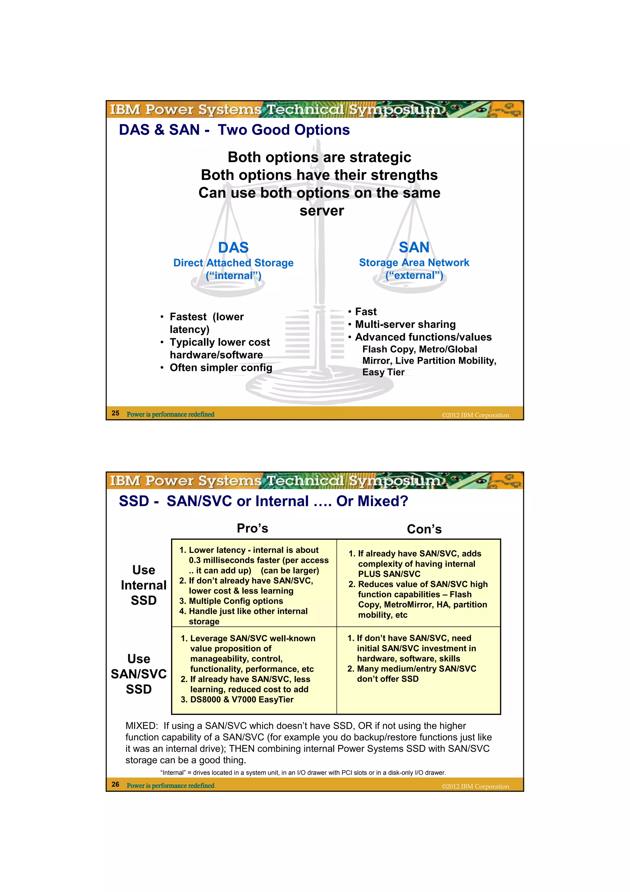 DAS & SAN - Two Good Options
                                  Both options are strategic
                               Both options have their strengths
                               Can use both options on the same
                                            server

                                       DAS                                                                SAN
                     Direct Attached Storage                                               Storage Area Network
                            (“internal”)                                                        (“external”)


                 • Fastest (lower                                                      • Fast
                   latency)                                                            • Multi-server sharing
                 • Typically lower cost                                                • Advanced functions/values
                                                                                            Flash Copy, Metro/Global
                   hardware/software
                                                                                            Mirror, Live Partition Mobility,
                 • Often simpler config                                                     Easy Tier



25    Power is performance redefined                                                                                      ©2012 IBM Corporation




 SSD - SAN/SVC or Internal …. Or Mixed?
                                             Pro’s                                                           Con’s
                        1. Lower latency - internal is about                           1. If already have SAN/SVC, adds
                           0.3 milliseconds faster (per access                            complexity of having internal
       Use                 .. it can add up) (can be larger)                              PLUS SAN/SVC
                        2. If don’t already have SAN/SVC,
     Internal              lower cost & less learning
                                                                                       2. Reduces value of SAN/SVC high
                                                                                          function capabilities – Flash
       SSD              3. Multiple Config options                                        Copy, MetroMirror, HA, partition
                        4. Handle just like other internal                                mobility, etc
                           storage
                        1. Leverage SAN/SVC well-known                                1. If don’t have SAN/SVC, need
                           value proposition of                                          initial SAN/SVC investment in
  Use                      manageability, control,                                       hardware, software, skills
                           functionality, performance, etc                            2. Many medium/entry SAN/SVC
SAN/SVC                 2. If already have SAN/SVC, less                                 don’t offer SSD
  SSD                      learning, reduced cost to add
                        3. DS8000 & V7000 EasyTier


     MIXED: If using a SAN/SVC which doesn’t have SSD, OR if not using the higher
     function capability of a SAN/SVC (for example you do backup/restore functions just like
     it was an internal drive); THEN combining internal Power Systems SSD with SAN/SVC
     storage can be a good thing.
                 “Internal” = drives located in a system unit, in an I/O drawer with PCI slots or in a disk-only I/O drawer.
26    Power is performance redefined                                                                                      ©2012 IBM Corporation
 