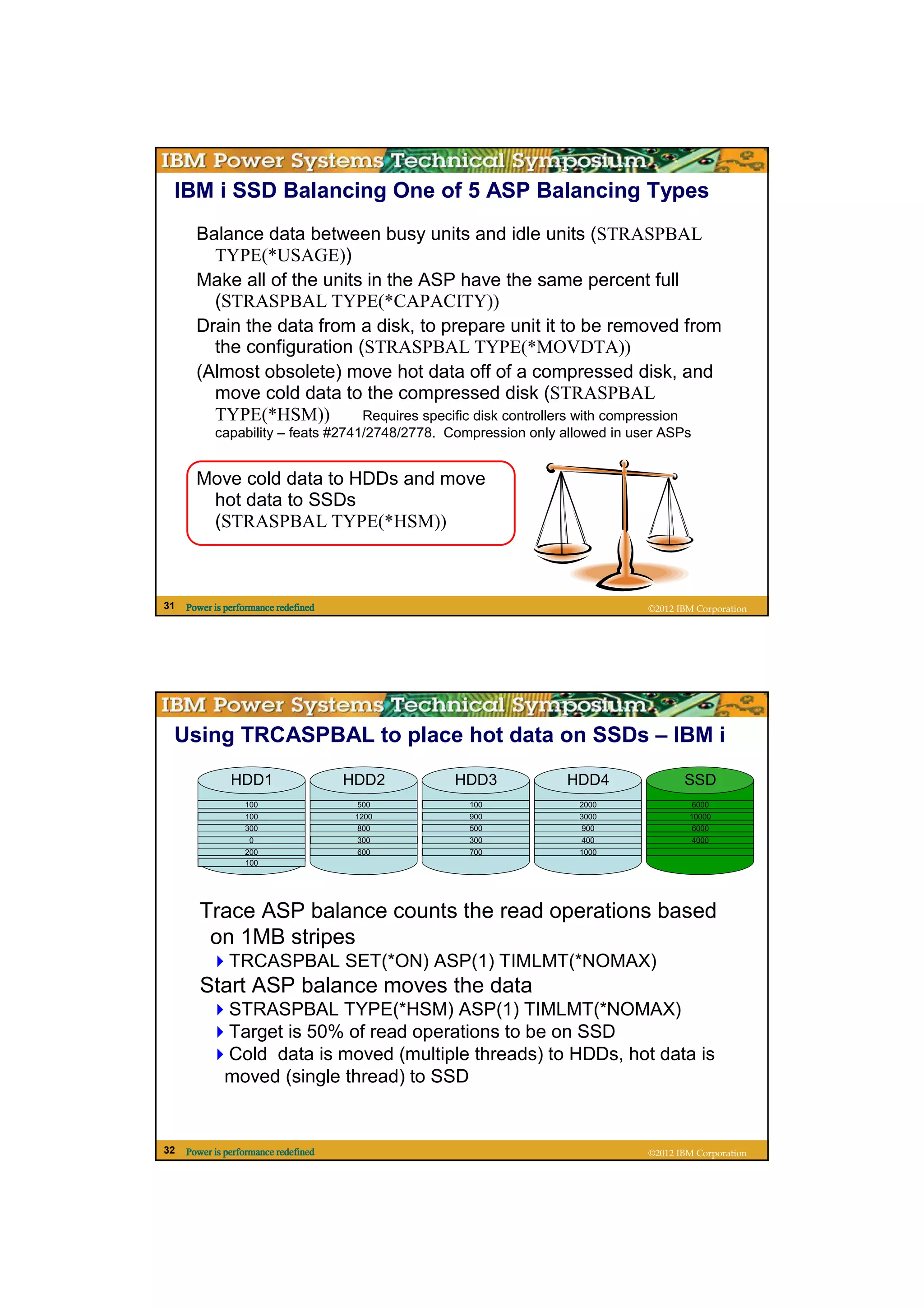 IBM i SSD Balancing One of 5 ASP Balancing Types
       Balance data between busy units and idle units (STRASPBAL
         TYPE(*USAGE))
       Make all of the units in the ASP have the same percent full
         (STRASPBAL TYPE(*CAPACITY))
       Drain the data from a disk, to prepare unit it to be removed from
         the configuration (STRASPBAL TYPE(*MOVDTA))
       (Almost obsolete) move hot data off of a compressed disk, and
         move cold data to the compressed disk (STRASPBAL
         TYPE(*HSM))        Requires specific disk controllers with compression
           capability – feats #2741/2748/2778. Compression only allowed in user ASPs


       Move cold data to HDDs and move
        hot data to SSDs
        (STRASPBAL TYPE(*HSM))



31   Power is performance redefined                                          ©2012 IBM Corporation




 Using TRCASPBAL to place hot data on SSDs – IBM i
               HDD1                   HDD2     HDD3             HDD4                SSD
                  100                  500        100             2000                 6000
                 10000
                  100                  1200      6000
                                                  900             3000               10000
                                                                                      100
                  300                   800       500             900                 6000
                                                                                      900
                   0                   4000
                                        300       300              400                 4000
                                                                                       300
                  200                  600        700             1000                 100
                  100




        Trace ASP balance counts the read operations based
         on 1MB stripes
               TRCASPBAL SET(*ON) ASP(1) TIMLMT(*NOMAX)
        Start ASP balance moves the data
             STRASPBAL TYPE(*HSM) ASP(1) TIMLMT(*NOMAX)
             Target is 50% of read operations to be on SSD
             Cold data is moved (multiple threads) to HDDs, hot data is
             moved (single thread) to SSD


32   Power is performance redefined                                          ©2012 IBM Corporation
 