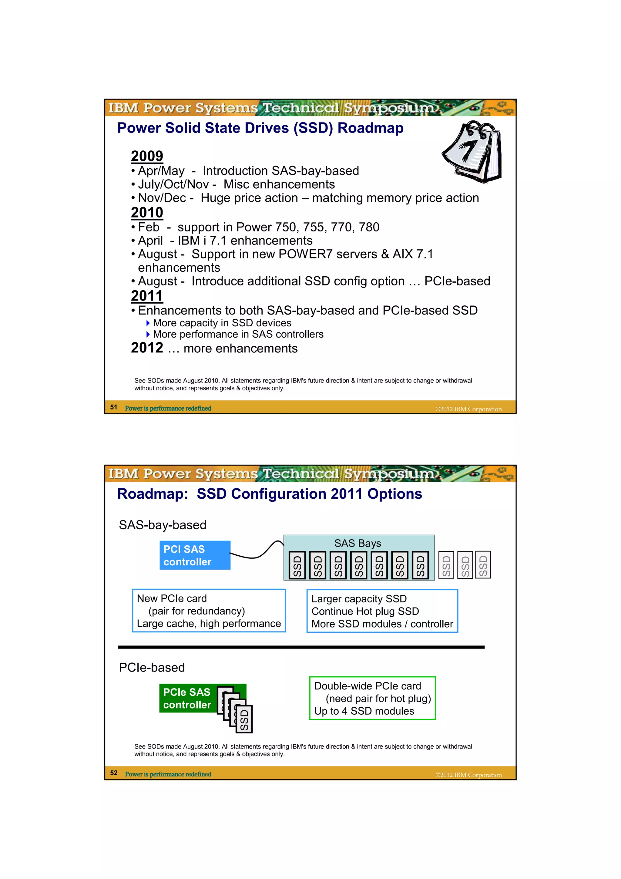 Power Solid State Drives (SSD) Roadmap
       2009
       • Apr/May - Introduction SAS-bay-based
       • July/Oct/Nov - Misc enhancements
       • Nov/Dec - Huge price action – matching memory price action
       2010
       • Feb - support in Power 750, 755, 770, 780
       • April - IBM i 7.1 enhancements
       • August - Support in new POWER7 servers & AIX 7.1
         enhancements
       • August - Introduce additional SSD config option … PCIe-based
       2011
       • Enhancements to both SAS-bay-based and PCIe-based SSD
              More capacity in SSD devices
              More performance in SAS controllers
       2012 … more enhancements

        See SODs made August 2010. All statements regarding IBM's future direction & intent are subject to change or withdrawal
        without notice, and represents goals & objectives only.


51   Power is performance redefined                                                                               ©2012 IBM Corporation




 Roadmap: SSD Configuration 2011 Options

     SAS-bay-based
                                                                              SAS Bays
                  PCI SAS
                                                                                                                                  SSD
                                                                                            SSD
                                                                                                    SSD
                                                                                                           SSD

                                                                                                                    SSD
                                                                SSD
                                                                       SSD
                                                                              SSD
                                                                                     SSD




                                                                                                                           SSD




                  controller


         New PCIe card                                                Larger capacity SSD
           (pair for redundancy)                                      Continue Hot plug SSD
         Large cache, high performance                                More SSD modules / controller



     PCIe-based
                                                                       Double-wide PCIe card
                  PCIe SAS
                                         SSD




                                                                         (need pair for hot plug)
                                        SSD




                  controller
                                       SSD




                                                                       Up to 4 SSD modules
                                      SSD




        See SODs made August 2010. All statements regarding IBM's future direction & intent are subject to change or withdrawal
        without notice, and represents goals & objectives only.


52   Power is performance redefined                                                                               ©2012 IBM Corporation
 