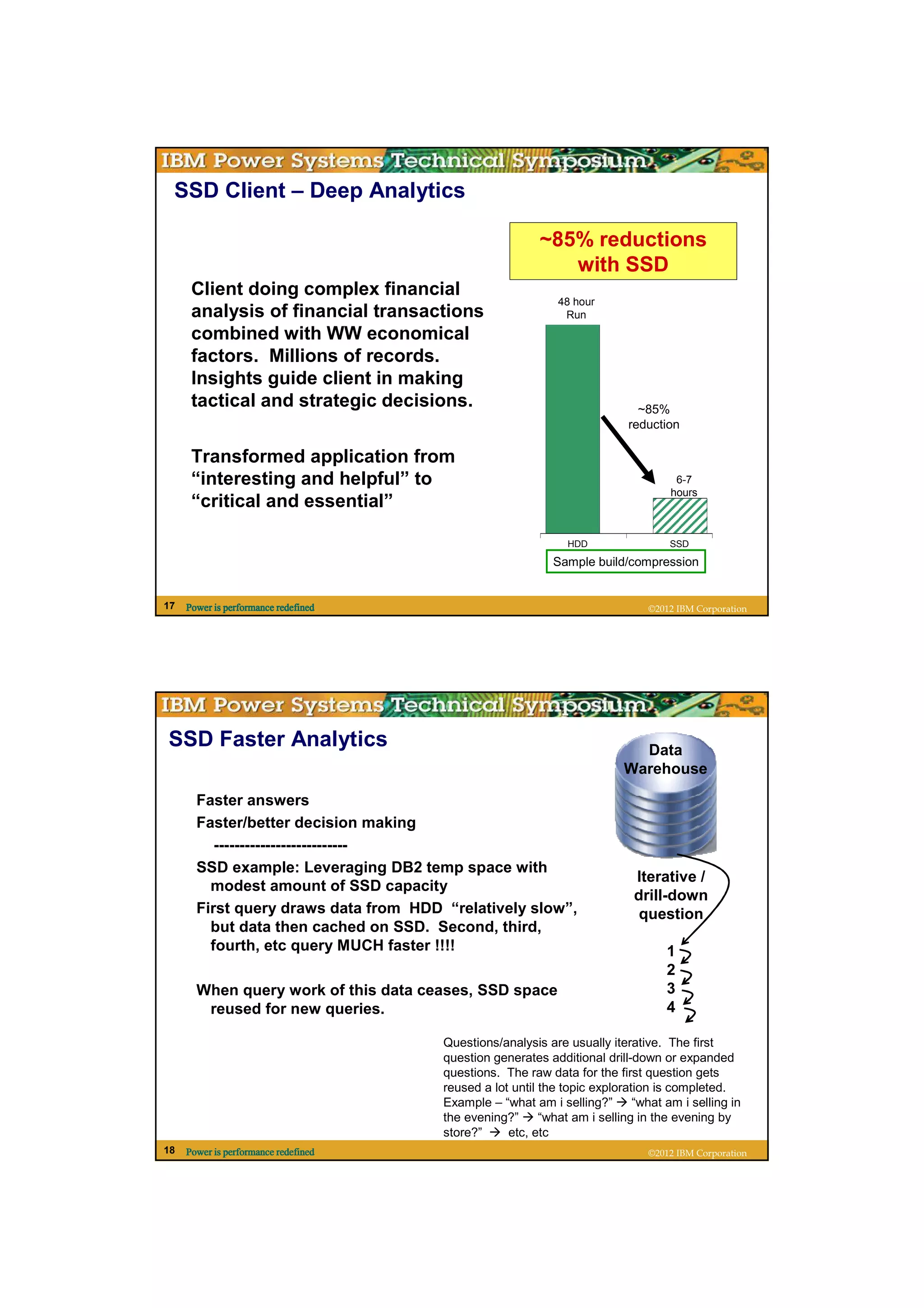 SSD Client – Deep Analytics

                                                         ~85% reductions
                                                            with SSD
      Client doing complex financial
                                                             48 hour
      analysis of financial transactions                      Run
      combined with WW economical
      factors. Millions of records.
      Insights guide client in making
      tactical and strategic decisions.                                      ~85%
                                                                           reduction

      Transformed application from
      “interesting and helpful” to                                                  6-7
                                                                                   hours
      “critical and essential”

                                                               HDD                 SSD

                                                            Sample build/compression


17   Power is performance redefined                                           ©2012 IBM Corporation




SSD Faster Analytics                                                        Data
                                                                          Warehouse

       Faster answers
       Faster/better decision making
          --------------------------
       SSD example: Leveraging DB2 temp space with
                                                                            Iterative /
         modest amount of SSD capacity
                                                                            drill-down
       First query draws data from HDD “relatively slow”,                    question
         but data then cached on SSD. Second, third,
         fourth, etc query MUCH faster !!!!                                       1
                                                                                  2
       When query work of this data ceases, SSD space                             3
        reused for new queries.                                                   4

                                       Questions/analysis are usually iterative. The first
                                       question generates additional drill-down or expanded
                                       questions. The raw data for the first question gets
                                       reused a lot until the topic exploration is completed.
                                       Example – “what am i selling?”       “what am i selling in
                                       the evening?”      “what am i selling in the evening by
                                       store?”     etc, etc
18   Power is performance redefined                                           ©2012 IBM Corporation
 