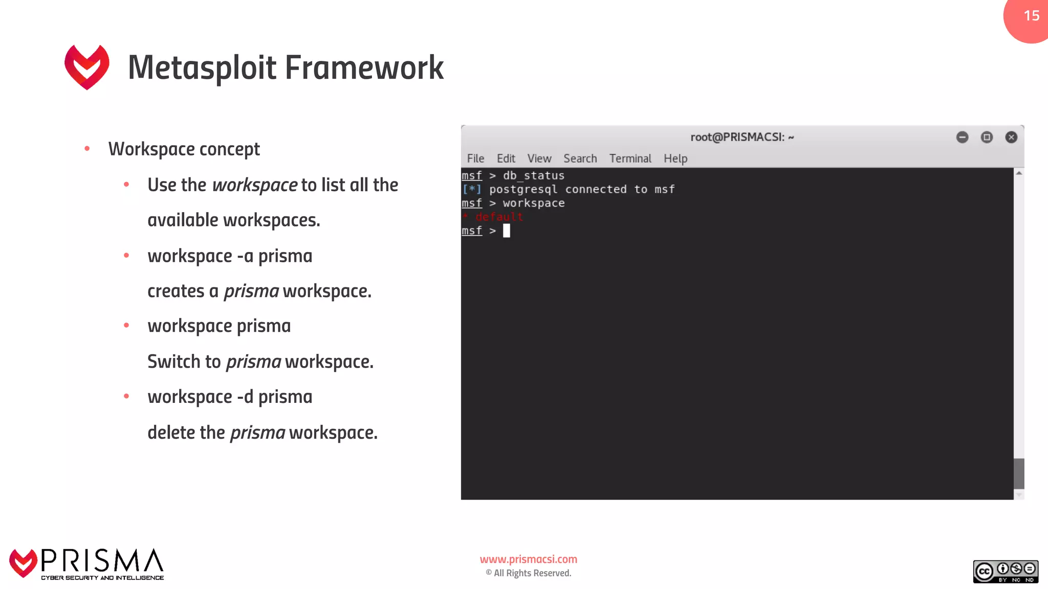 www.prismacsi.com
© All Rights Reserved.
15
Metasploit Framework
• Workspace concept
• Use the workspace to list all the
available workspaces.
• workspace -a prisma
creates a prisma workspace.
• workspace prisma
Switch to prisma workspace.
• workspace -d prisma
delete the prisma workspace.
 