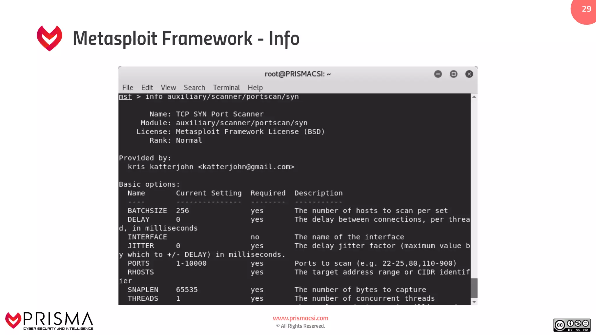 www.prismacsi.com
© All Rights Reserved.
29
Metasploit Framework - Info
 
