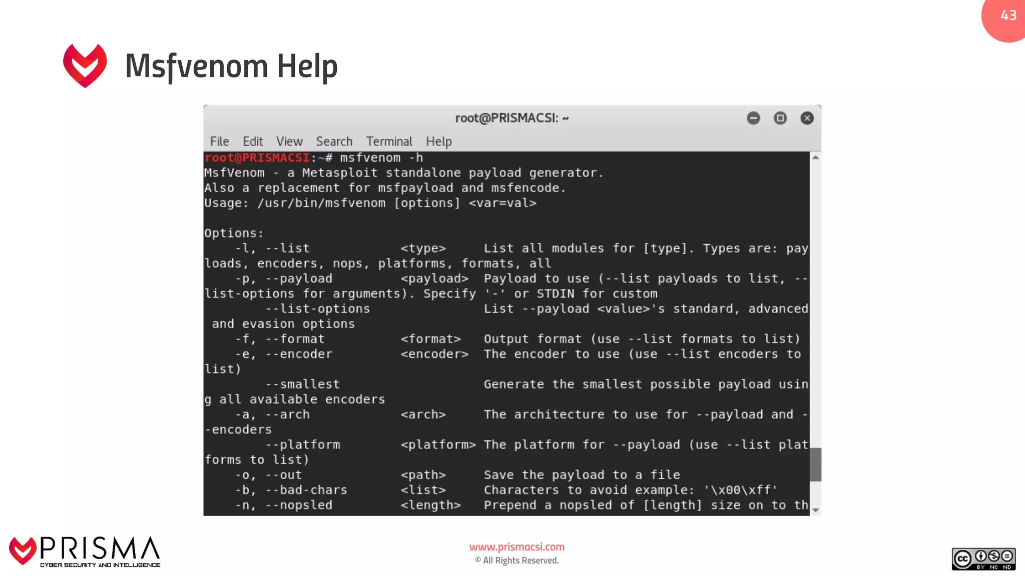 www.prismacsi.com
© All Rights Reserved.
43
Msfvenom Help
 