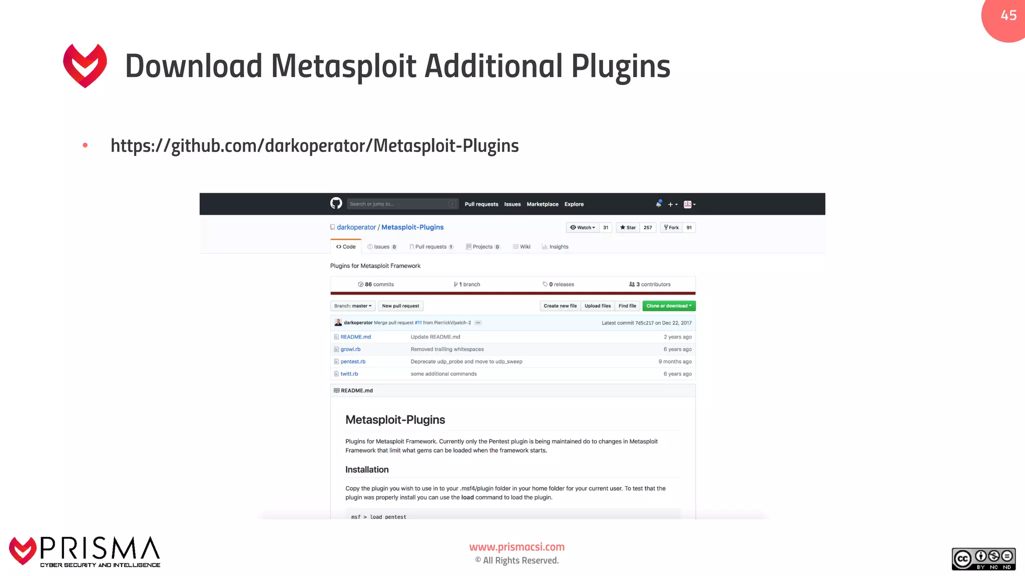 www.prismacsi.com
© All Rights Reserved.
45
Download Metasploit Additional Plugins
• https://github.com/darkoperator/Metasploit-Plugins
 