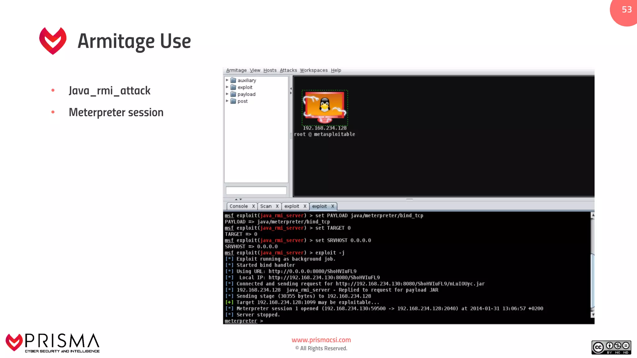 www.prismacsi.com
© All Rights Reserved.
53
Armitage Use
• Java_rmi_attack
• Meterpreter session
 