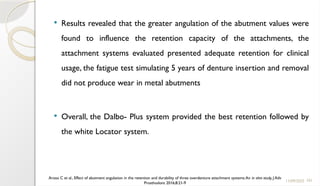 101
 Results revealed that the greater angulation of the abutment values were
found to influence the retention capacity of the attachments, the
attachment systems evaluated presented adequate retention for clinical
usage, the fatigue test simulating 5 years of denture insertion and removal
did not produce wear in metal abutments
 Overall, the Dalbo- Plus system provided the best retention followed by
the white Locator system.
11/09/2025
Aroso C et al., Effect of abutment angulation in the retention and durability of three overdenture attachment systems:An in vitro study, J Adv
Prosthodont 2016;8:21-9
 