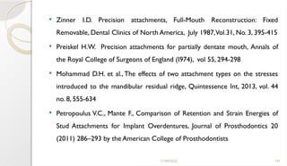11/09/2025 141
 Zinner I.D. Precision attachments, Full-Mouth Reconstruction: Fixed
Removable, Dental Clinics of North America, July 1987,Vol.31, No. 3, 395-415
 Preiskel H.W. Precision attachments for partially dentate mouth, Annals of
the Royal College of Surgeons of England (I974), vol 55, 294-298
 Mohammad D.H. et al., The effects of two attachment types on the stresses
introduced to the mandibular residual ridge, Quintessence Int, 2013, vol. 44
no. 8, 555-634
 Petropoulus V.C., Mante F., Comparison of Retention and Strain Energies of
Stud Attachments for Implant Overdentures, Journal of Prosthodontics 20
(2011) 286–293 by the American College of Prosthodontists
 