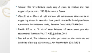 11/09/2025 144
 Prieskel HW. Overdenture made easy A guide to implant and root
supported prosthesis, 1996, Quintessence Books
 Wang H et al., Effects of rigid and nonrigid extracoronal attachments on
supporting tissues in extension base partial removable dental prostheses:
A nonlinear finite element study, J Prosthet Dent 2011;105:338-346
 Rivaldo EG et al., “In vitro” wear behavior of extracoronal precision
attachments, Stomatos,Vol. 17, N.33, July/Dec. 2011
 Silva AS et al., The influence of saliva pH value on the retention and
durability of bar-clip attachments, J Adv Prosthodont 2015;7:32-8
 