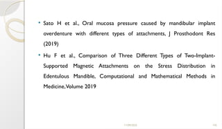11/09/2025 145
 Sato H et al., Oral mucosa pressure caused by mandibular implant
overdenture with different types of attachments, J Prosthodont Res
(2019)
 Hu F et al., Comparison of Three Different Types of Two-Implant-
Supported Magnetic Attachments on the Stress Distribution in
Edentulous Mandible, Computational and Mathematical Methods in
Medicine,Volume 2019
 