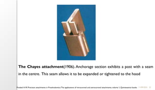 22
11/09/2025
Preiskel H.W. Precision attachments in Prosthodontics:The applications of intracoronal and extracoronal attachments, volume 1, Quintessence books
The Chayes attachment(1906). Anchorage section exhibits a post with a seam
in the centre. This seam allows it to be expanded or tightened to the hood
 