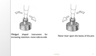 11/09/2025 71
Wedged shaped instrument for
increasing retention- move side-to-side
Never lever apart the leaves of the pins
 
