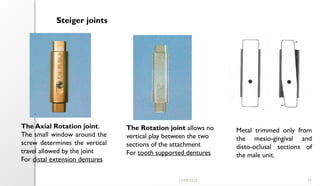 11/09/2025 73
The Axial Rotation joint.
The small window around the
screw determines the vertical
travel allowed by the joint
For distal extension dentures
The Rotation joint allows no
vertical play between the two
sections of the attachment
For tooth supported dentures
Steiger joints
Metal trimmed only from
the mesio-gingival and
disto-oclusal sections of
the male unit.
 